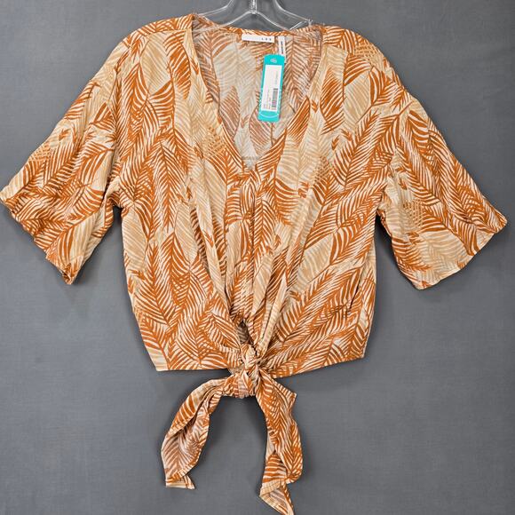 LUQ Stitch Fix Brown Beige Floral Shirt NEW Tie V-Neck Short Sleeves Women's XSP - Picture 1 of 8